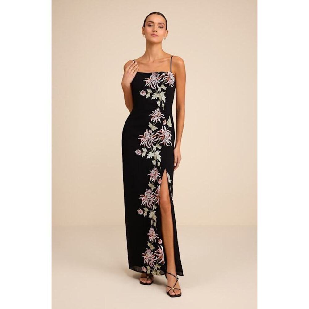 Lulus Talisa Black Floral Embroidered Column Maxi Dress - Size S